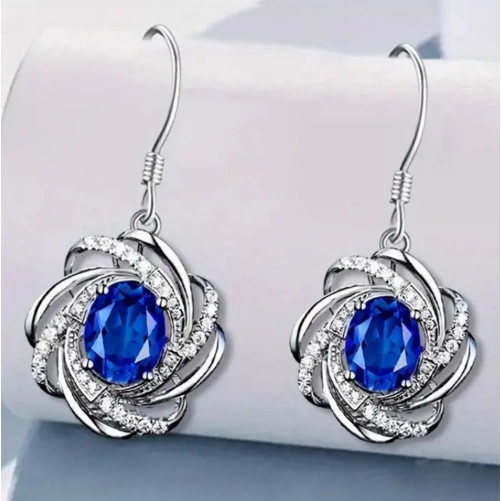 Diamond spiral flower pendant dangle earrings
